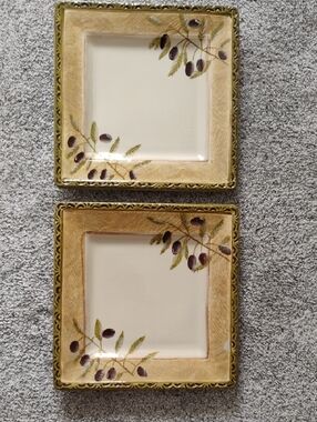 Art Santorini Vintage Hand Painted Olive Motif Ceramic Dinner Plates - Set Of 2